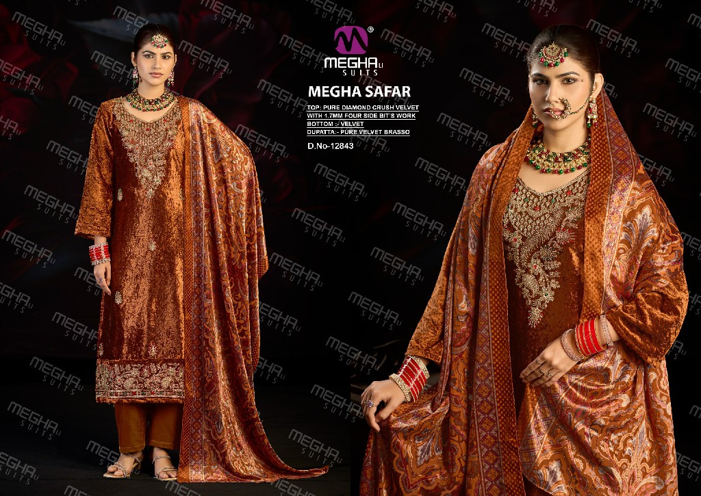 MEGHALI SAFAR WHOLESALE DIAMOND CRUSH VELVET WINTER WEAR UNSTITCH SALWAR SUITS EXPORTER