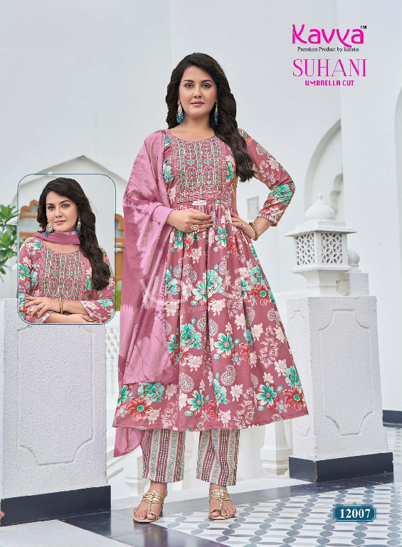 KAVYA SUHANI VOL 12 WHOLESALE READYMADE VISCOSE BEAUTIFUL UMBRELLA CUT 3 PCS SUITS EXPORTER