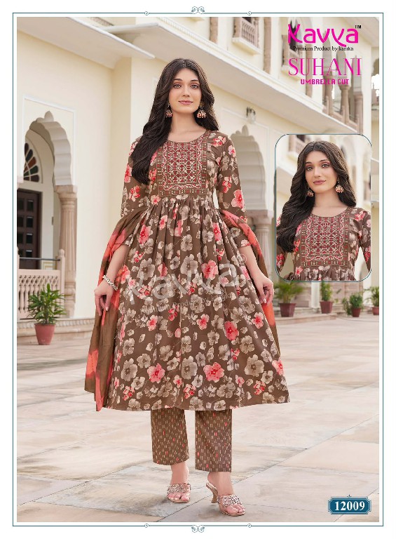 KAVYA SUHANI VOL 12 WHOLESALE READYMADE VISCOSE BEAUTIFUL UMBRELLA CUT 3 PCS SUITS EXPORTER