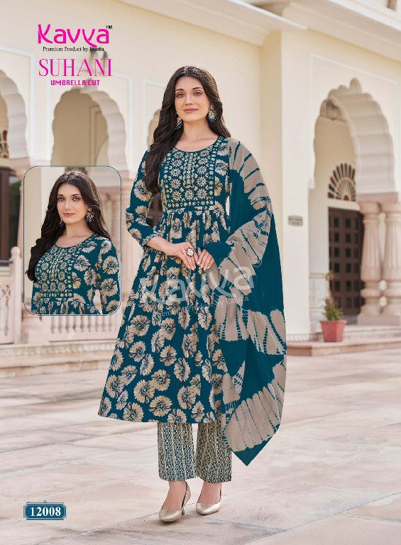KAVYA SUHANI VOL 12 WHOLESALE READYMADE VISCOSE BEAUTIFUL UMBRELLA CUT 3 PCS SUITS EXPORTER