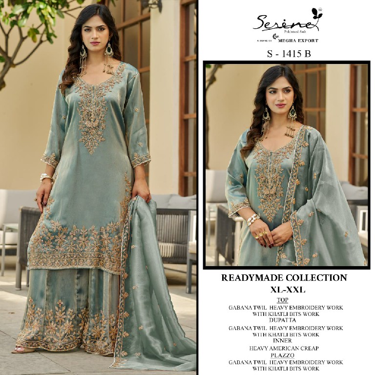 SERINE D.NO 1415 WHOLESALE READYMADE GABANA MOSS EMBROIDERY WORK 3 PCS COMBO SET SUITS SUPPLIER
