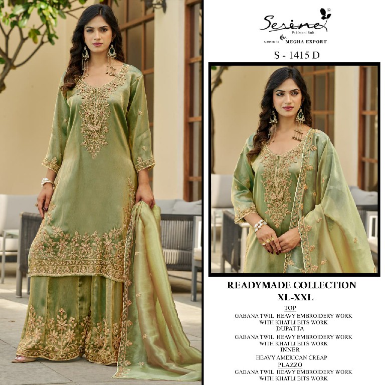 SERINE D.NO 1415 WHOLESALE READYMADE GABANA MOSS EMBROIDERY WORK 3 PCS COMBO SET SUITS SUPPLIER