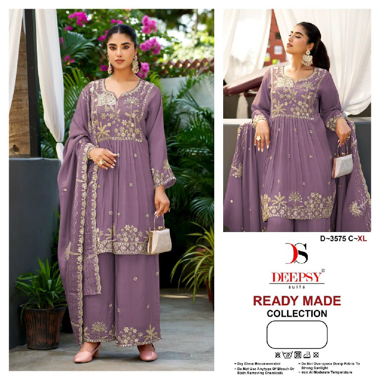 DEEPSY D.NO 3575 WHOLESALE READYMADE VISCOSE TISSUE SILK BEATS WORK PAPLON STYLE 3 PCS SUITS FOR EXPORT