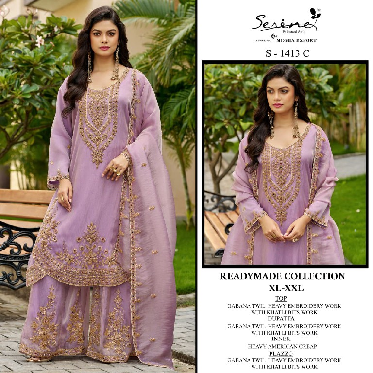 SERINE D.NO 1413 WHOLESALE READYMADE GABANA TWILL WITH WORK PAKISTANI 3 PCS COMBO SET SUITS ONLINE