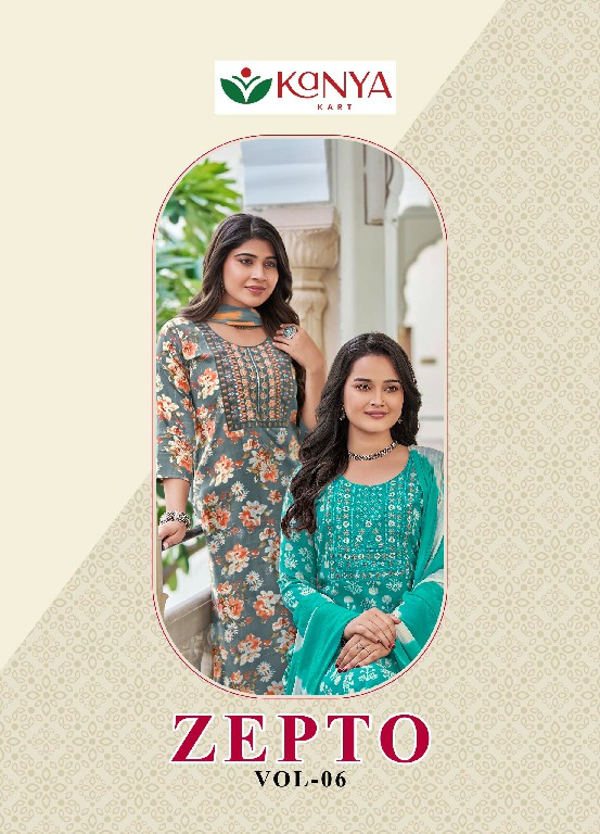 KANYA KART ZEPTO VOL 6 WHOLESALE READYMADE CAPSUAL PRINT REGULAR WEAR 3 PCS SUITS EXPORTER