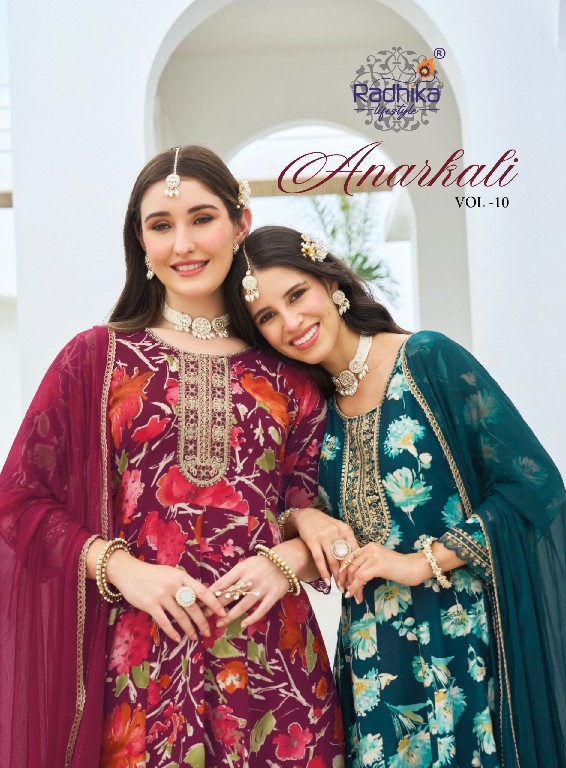 RADHIKA LIFESTYLE ANARKALI VOL 10 WHOLESALE READYMADE RAYON WITH WORK BIG SIZE TRENDING ANARKALI STYLE 3 PCS SUITS EXPORTER