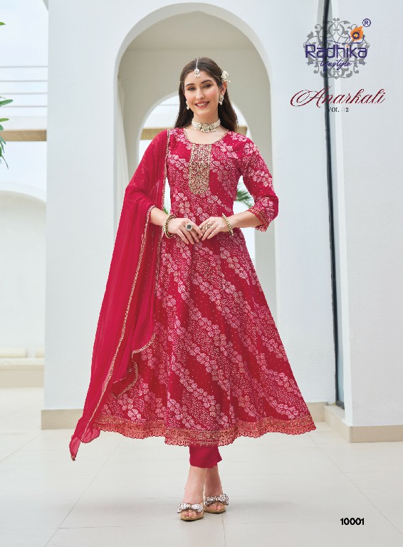 RADHIKA LIFESTYLE ANARKALI VOL 10 WHOLESALE READYMADE RAYON WITH WORK BIG SIZE TRENDING ANARKALI STYLE 3 PCS SUITS EXPORTER