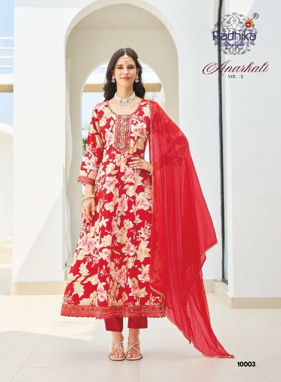 RADHIKA LIFESTYLE ANARKALI VOL 10 WHOLESALE READYMADE RAYON WITH WORK BIG SIZE TRENDING ANARKALI STYLE 3 PCS SUITS EXPORTER