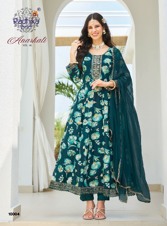 RADHIKA LIFESTYLE ANARKALI VOL 10 WHOLESALE READYMADE RAYON WITH WORK BIG SIZE TRENDING ANARKALI STYLE 3 PCS SUITS EXPORTER