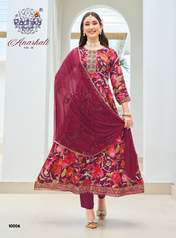 RADHIKA LIFESTYLE ANARKALI VOL 10 WHOLESALE READYMADE RAYON WITH WORK BIG SIZE TRENDING ANARKALI STYLE 3 PCS SUITS EXPORTER