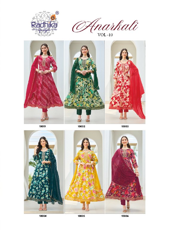 RADHIKA LIFESTYLE ANARKALI VOL 10 WHOLESALE READYMADE RAYON WITH WORK BIG SIZE TRENDING ANARKALI STYLE 3 PCS SUITS EXPORTER