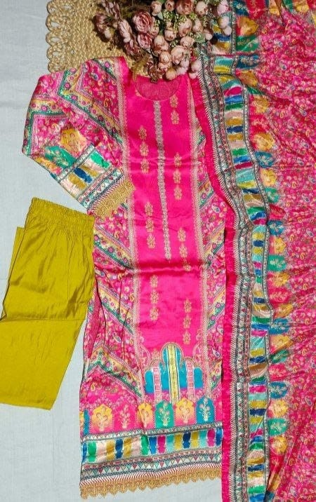 VF D.NO 70 WHOLESALE READYMADE JAPAN SATIN DIGITAL PRINT 3 PCS SUITS FOR EXPORT
