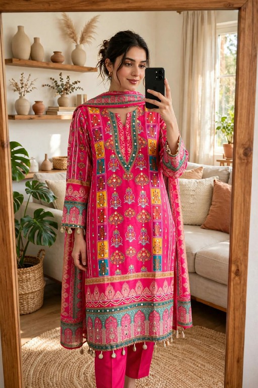 VF D.NO 70 WHOLESALE READYMADE JAPAN SATIN DIGITAL PRINT 3 PCS SUITS FOR EXPORT