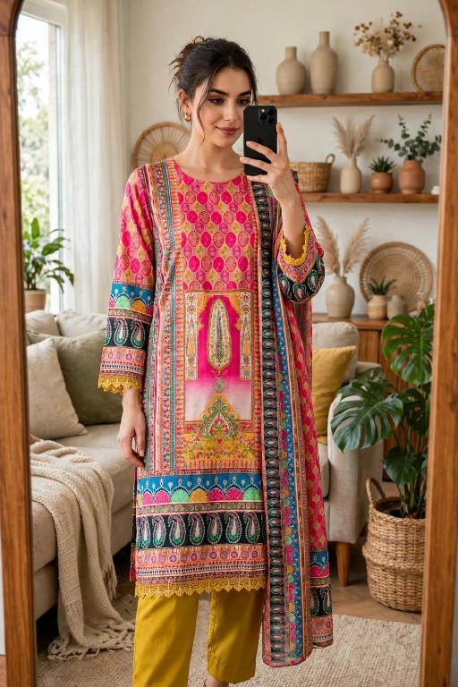 VF D.NO 70 WHOLESALE READYMADE JAPAN SATIN DIGITAL PRINT 3 PCS SUITS FOR EXPORT
