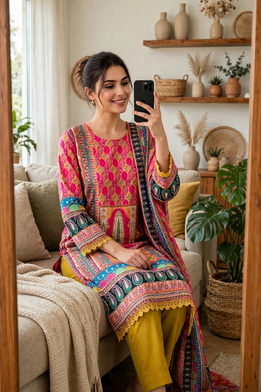 VF D.NO 70 WHOLESALE READYMADE JAPAN SATIN DIGITAL PRINT 3 PCS SUITS FOR EXPORT