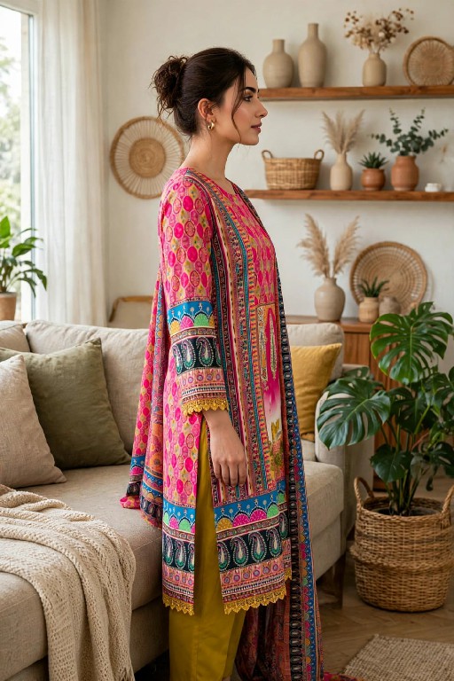 VF D.NO 70 WHOLESALE READYMADE JAPAN SATIN DIGITAL PRINT 3 PCS SUITS FOR EXPORT