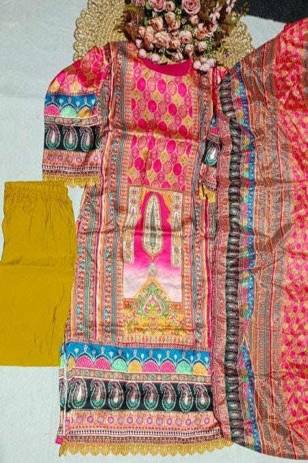 VF D.NO 70 WHOLESALE READYMADE JAPAN SATIN DIGITAL PRINT 3 PCS SUITS FOR EXPORT