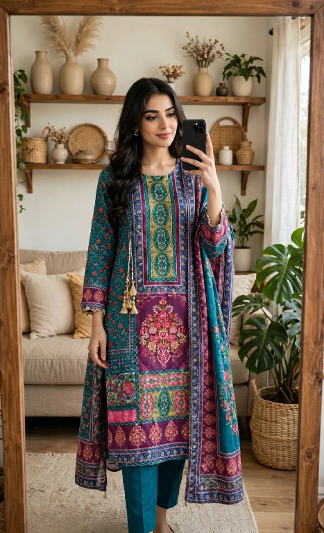 VF D.NO 70 WHOLESALE READYMADE JAPAN SATIN DIGITAL PRINT 3 PCS SUITS FOR EXPORT