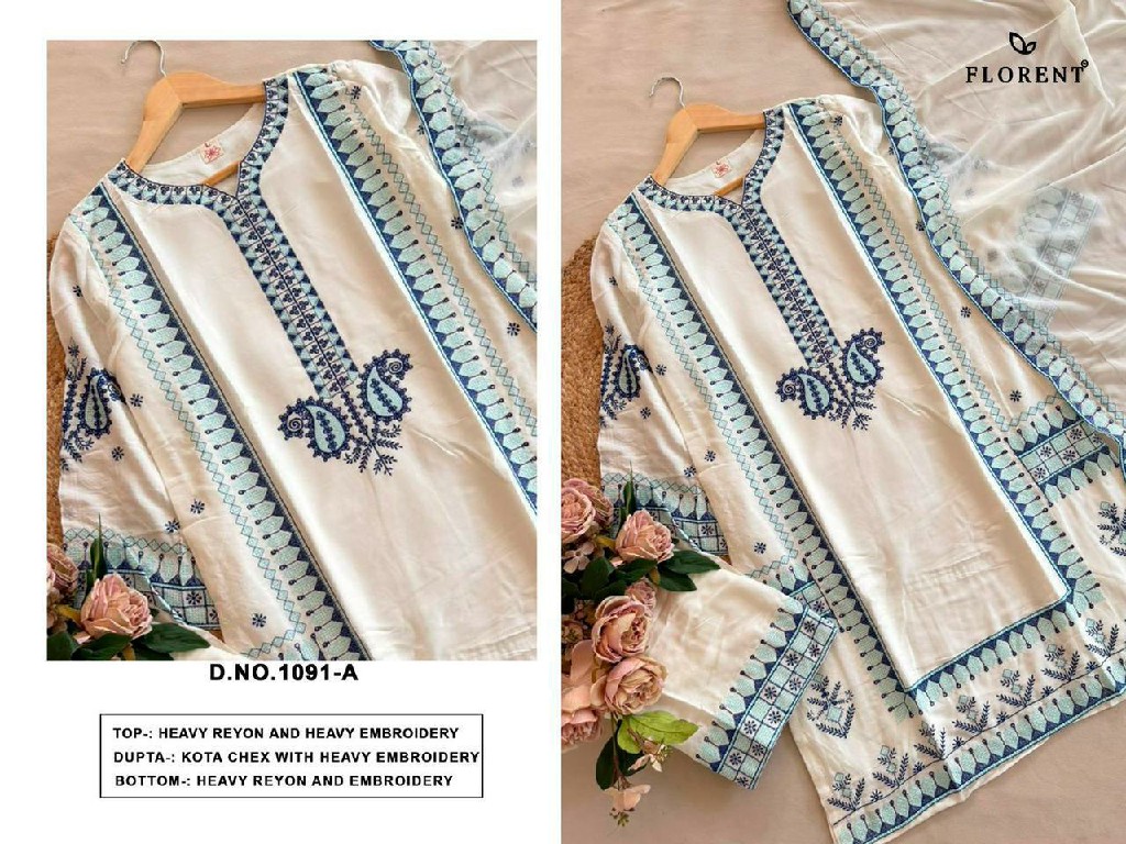 FLORENT D.NO 1091 WHOLESALE READYMADE HEAVY RAYON WIRH WORK CLASSY LOOK 3 PCS SUITS EXPORTER