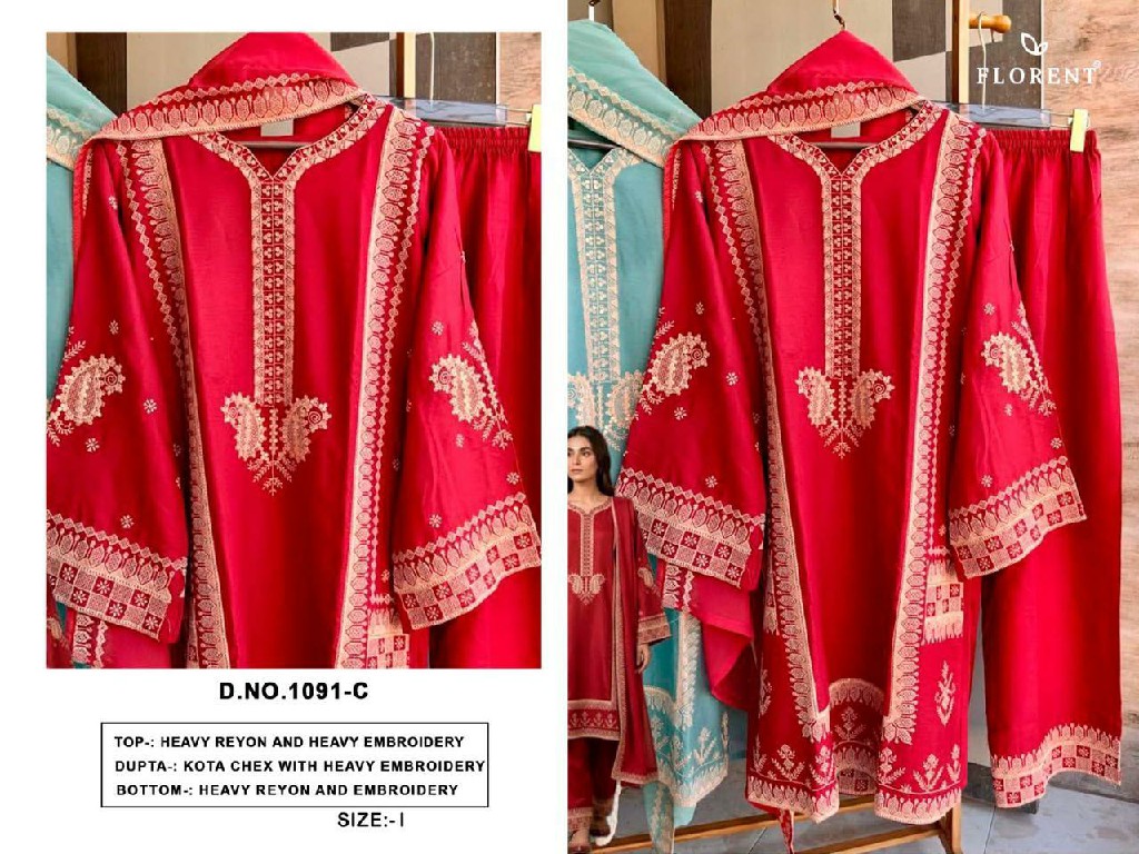 FLORENT D.NO 1091 WHOLESALE READYMADE HEAVY RAYON WIRH WORK CLASSY LOOK 3 PCS SUITS EXPORTER