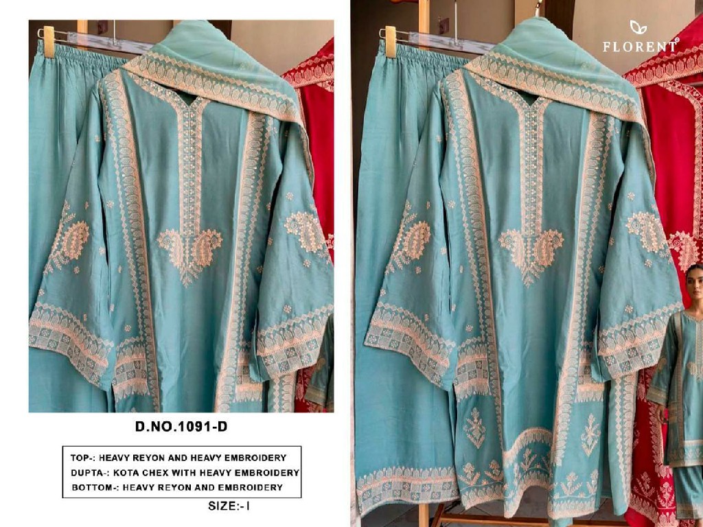 FLORENT D.NO 1091 WHOLESALE READYMADE HEAVY RAYON WIRH WORK CLASSY LOOK 3 PCS SUITS EXPORTER