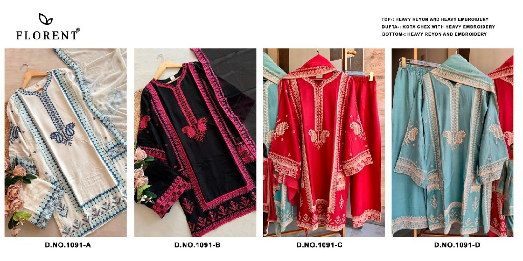 FLORENT D.NO 1091 WHOLESALE READYMADE HEAVY RAYON WIRH WORK CLASSY LOOK 3 PCS SUITS EXPORTER