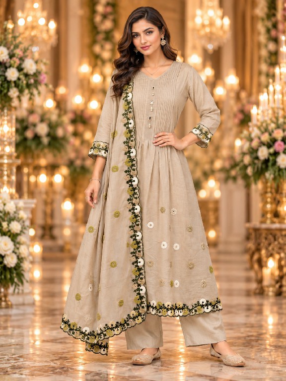QTNESH FLORENCE WHOLESALE READYMADE MAL CHANDERI ANARKALI STYLE GLAMOURS LOOK 3 PCS SUITS EXPORTER