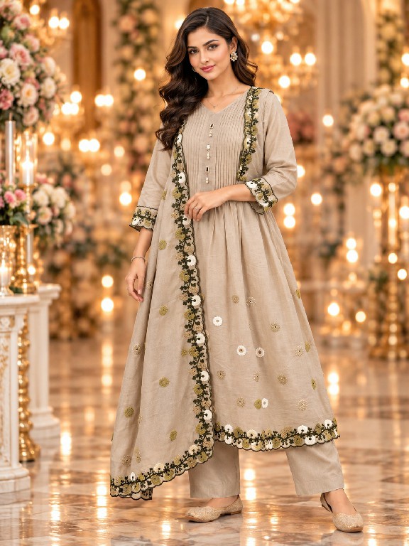 QTNESH FLORENCE WHOLESALE READYMADE MAL CHANDERI ANARKALI STYLE GLAMOURS LOOK 3 PCS SUITS EXPORTER
