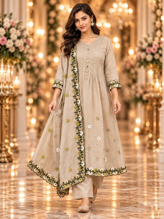 QTNESH FLORENCE WHOLESALE READYMADE MAL CHANDERI ANARKALI STYLE GLAMOURS LOOK 3 PCS SUITS EXPORTER