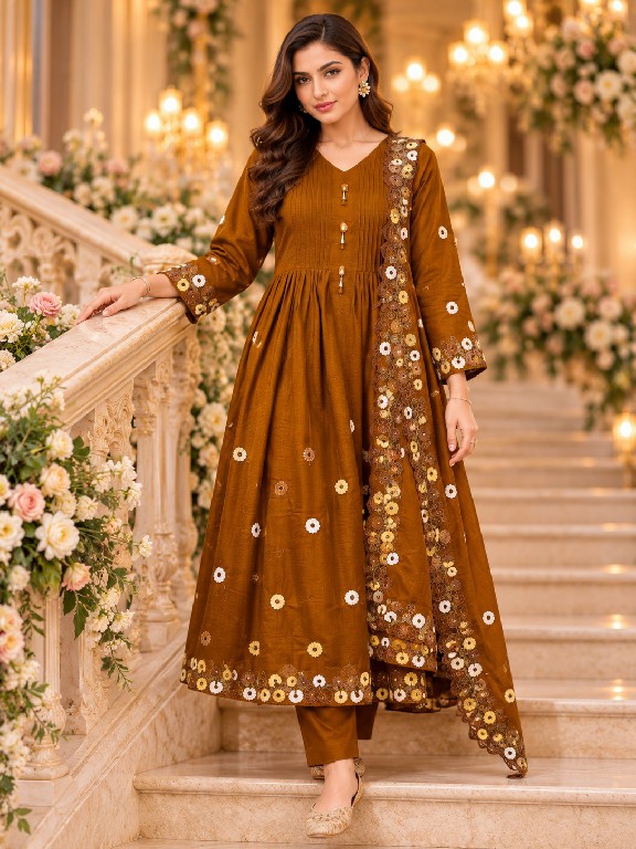QTNESH FLORENCE WHOLESALE READYMADE MAL CHANDERI ANARKALI STYLE GLAMOURS LOOK 3 PCS SUITS EXPORTER