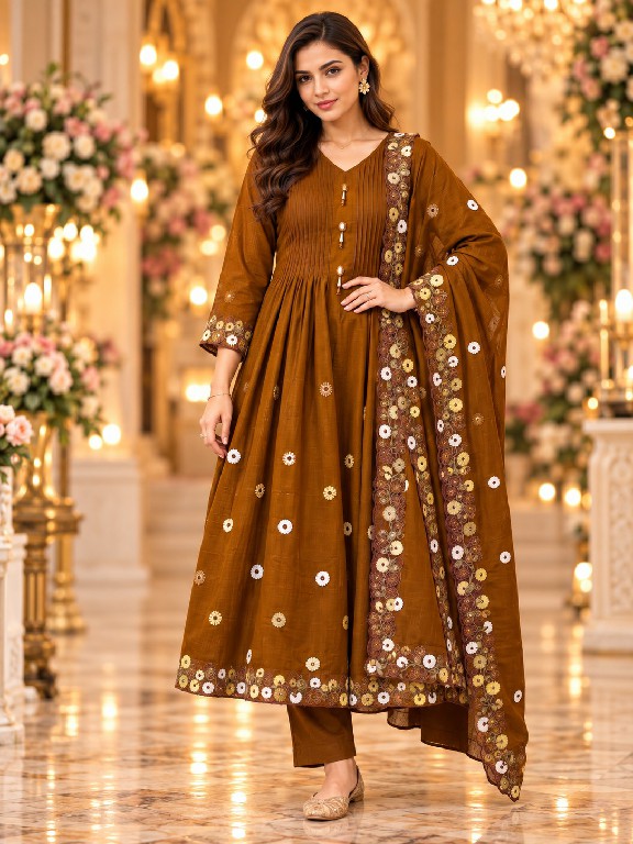 QTNESH FLORENCE WHOLESALE READYMADE MAL CHANDERI ANARKALI STYLE GLAMOURS LOOK 3 PCS SUITS EXPORTER