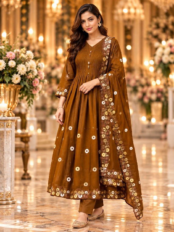 QTNESH FLORENCE WHOLESALE READYMADE MAL CHANDERI ANARKALI STYLE GLAMOURS LOOK 3 PCS SUITS EXPORTER