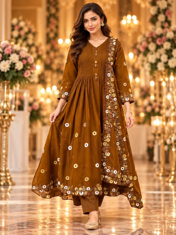 QTNESH FLORENCE WHOLESALE READYMADE MAL CHANDERI ANARKALI STYLE GLAMOURS LOOK 3 PCS SUITS EXPORTER