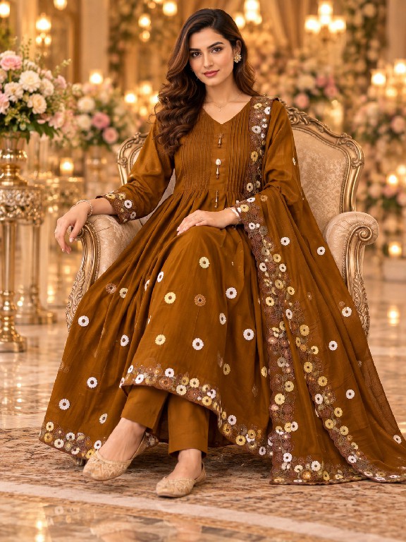 QTNESH FLORENCE WHOLESALE READYMADE MAL CHANDERI ANARKALI STYLE GLAMOURS LOOK 3 PCS SUITS EXPORTER