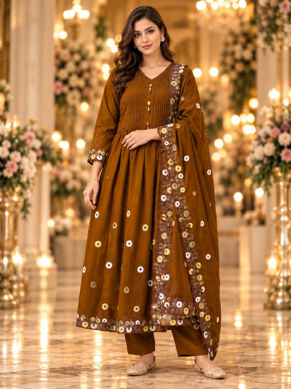 QTNESH FLORENCE WHOLESALE READYMADE MAL CHANDERI ANARKALI STYLE GLAMOURS LOOK 3 PCS SUITS EXPORTER
