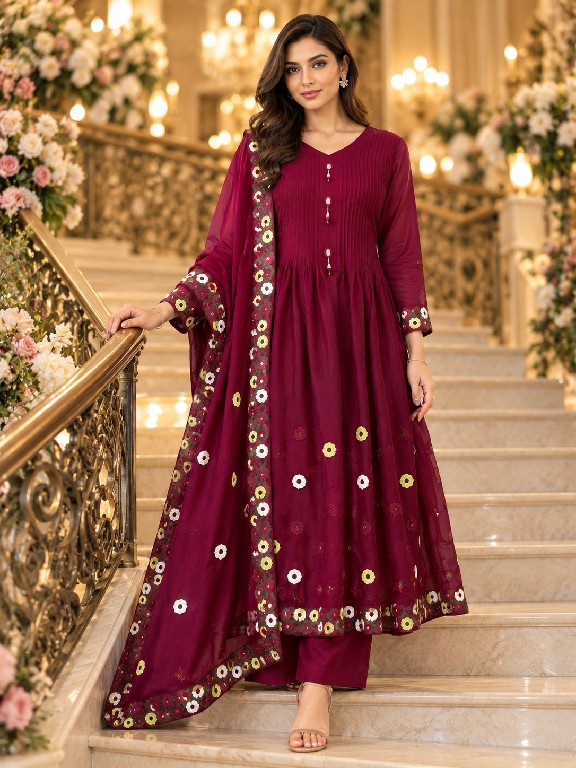 QTNESH FLORENCE WHOLESALE READYMADE MAL CHANDERI ANARKALI STYLE GLAMOURS LOOK 3 PCS SUITS EXPORTER