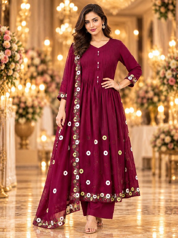 QTNESH FLORENCE WHOLESALE READYMADE MAL CHANDERI ANARKALI STYLE GLAMOURS LOOK 3 PCS SUITS EXPORTER