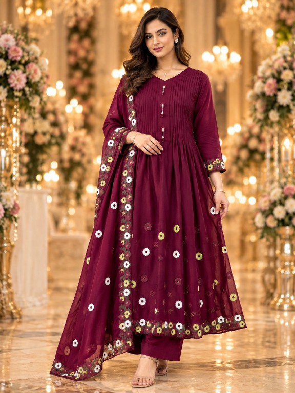 QTNESH FLORENCE WHOLESALE READYMADE MAL CHANDERI ANARKALI STYLE GLAMOURS LOOK 3 PCS SUITS EXPORTER