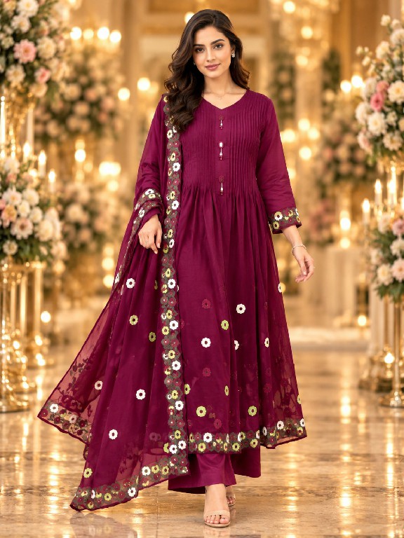 QTNESH FLORENCE WHOLESALE READYMADE MAL CHANDERI ANARKALI STYLE GLAMOURS LOOK 3 PCS SUITS EXPORTER