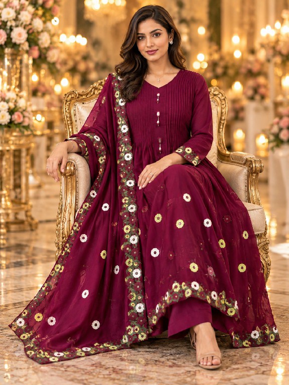 QTNESH FLORENCE WHOLESALE READYMADE MAL CHANDERI ANARKALI STYLE GLAMOURS LOOK 3 PCS SUITS EXPORTER