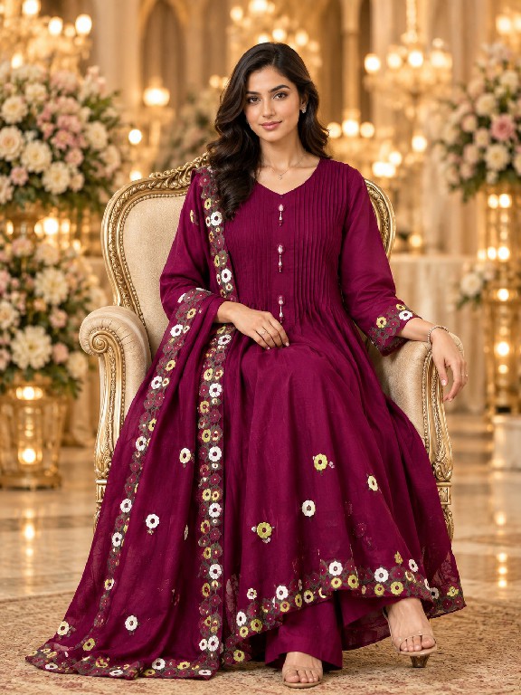 QTNESH FLORENCE WHOLESALE READYMADE MAL CHANDERI ANARKALI STYLE GLAMOURS LOOK 3 PCS SUITS EXPORTER