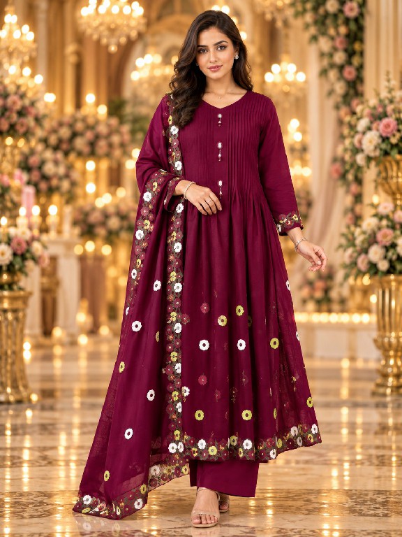 QTNESH FLORENCE WHOLESALE READYMADE MAL CHANDERI ANARKALI STYLE GLAMOURS LOOK 3 PCS SUITS EXPORTER
