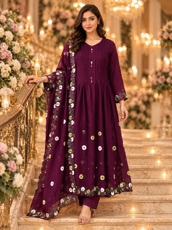 QTNESH FLORENCE WHOLESALE READYMADE MAL CHANDERI ANARKALI STYLE GLAMOURS LOOK 3 PCS SUITS EXPORTER