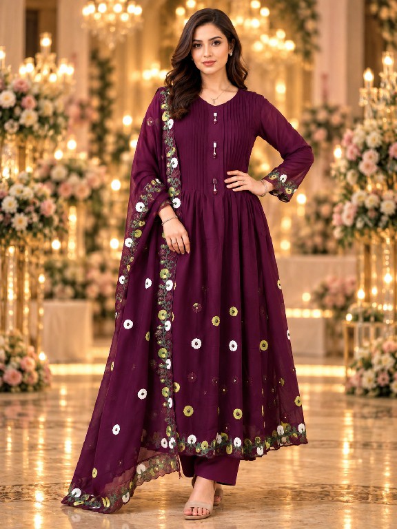 QTNESH FLORENCE WHOLESALE READYMADE MAL CHANDERI ANARKALI STYLE GLAMOURS LOOK 3 PCS SUITS EXPORTER