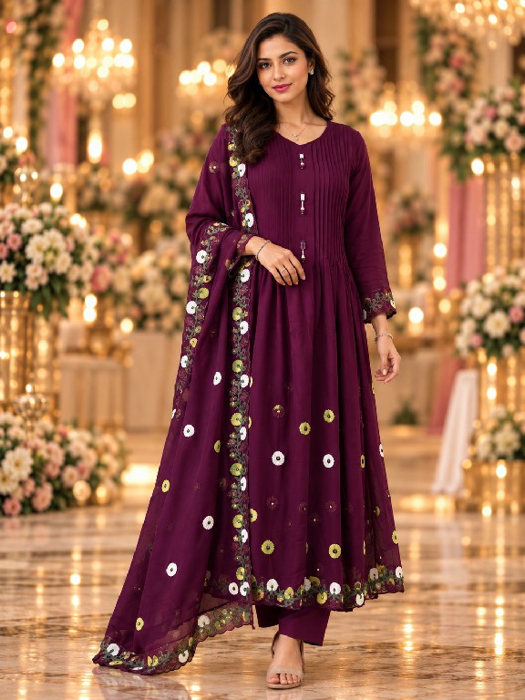 QTNESH FLORENCE WHOLESALE READYMADE MAL CHANDERI ANARKALI STYLE GLAMOURS LOOK 3 PCS SUITS EXPORTER