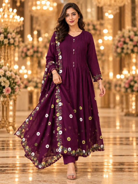 QTNESH FLORENCE WHOLESALE READYMADE MAL CHANDERI ANARKALI STYLE GLAMOURS LOOK 3 PCS SUITS EXPORTER