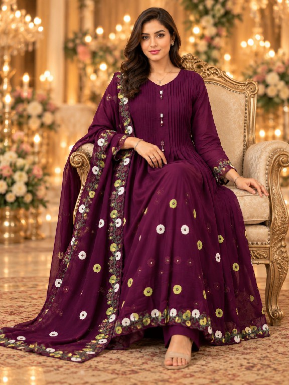 QTNESH FLORENCE WHOLESALE READYMADE MAL CHANDERI ANARKALI STYLE GLAMOURS LOOK 3 PCS SUITS EXPORTER