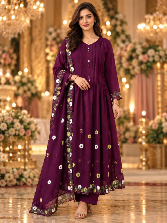 QTNESH FLORENCE WHOLESALE READYMADE MAL CHANDERI ANARKALI STYLE GLAMOURS LOOK 3 PCS SUITS EXPORTER