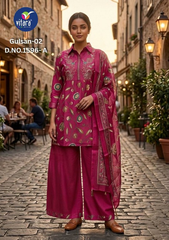VITARA FASHION GULSAN VOL 2 WHOLESALE READYMADE VETICAN WITH WORK TRENDING 3 PCS COMBO SET SUITS SUPPLIER