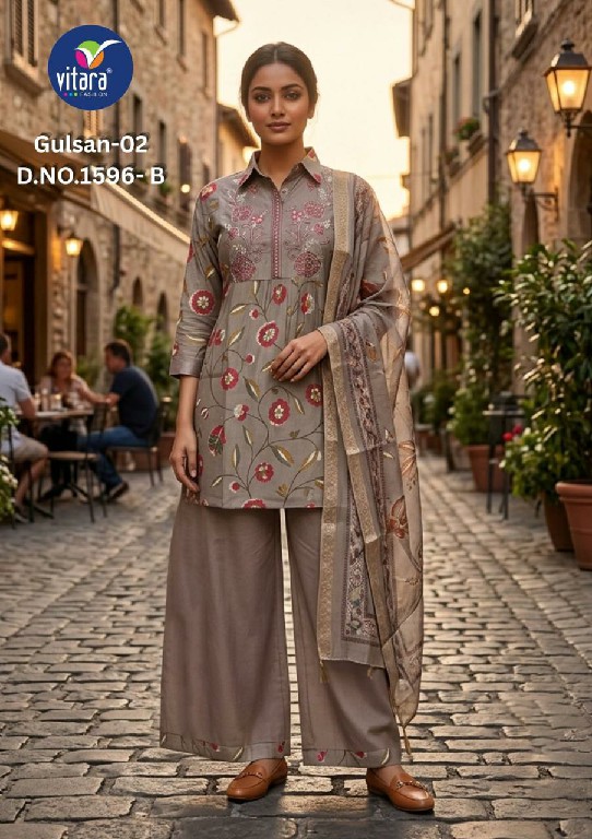 VITARA FASHION GULSAN VOL 2 WHOLESALE READYMADE VETICAN WITH WORK TRENDING 3 PCS COMBO SET SUITS SUPPLIER